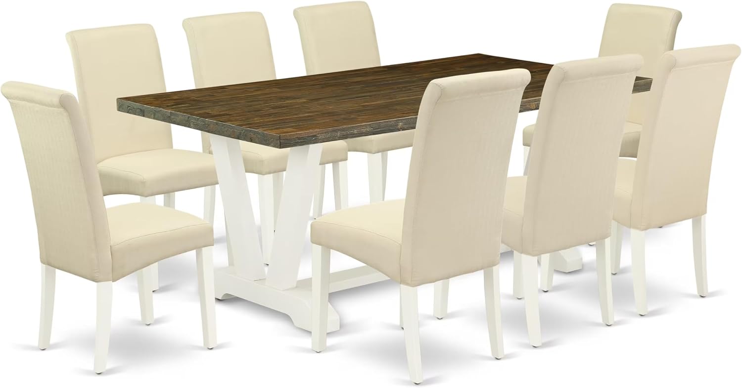 East West Furniture V077BA201-9 9 Piece Dining Room Table Set Includes a Rectangle Kitchen Table with V-Legs and 8 Cream Linen Fabric Parson Dining Chairs, 40x72 Inch, Multi-Color