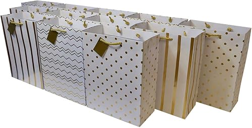 Bolsas de regalo de papel dorado metálico con asas, ideales para fiesta de cumpleaños, con diseños de lunares, rayas y cheurón 12 unidades.