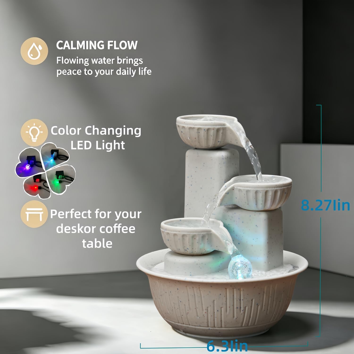 Desk Fountain for Indoor Table, 3-Tier Cascading Waterfall with Warm LED Light - Compact Tabletop Water Feature, Calming Home Office Decor for Bedroom, Yoga Meditation(Cream) image 3