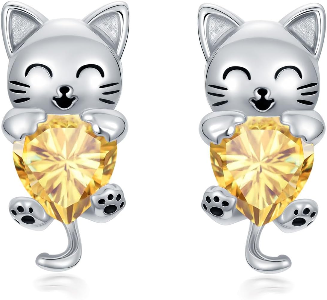 LONAGO Cat Stud Earrings with Synthetic Birthstone Cat Earring Jewelry Gift for Women