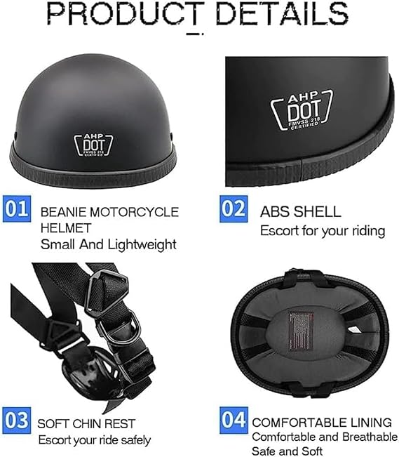 DOT Approved Ultra-Thin Skull Cap Helmets, Low Profile Beanie German Motorcycle Half Helmet, Adult Men Women Half Shell Novelty Small Helmet for Chopper Moped Scooter