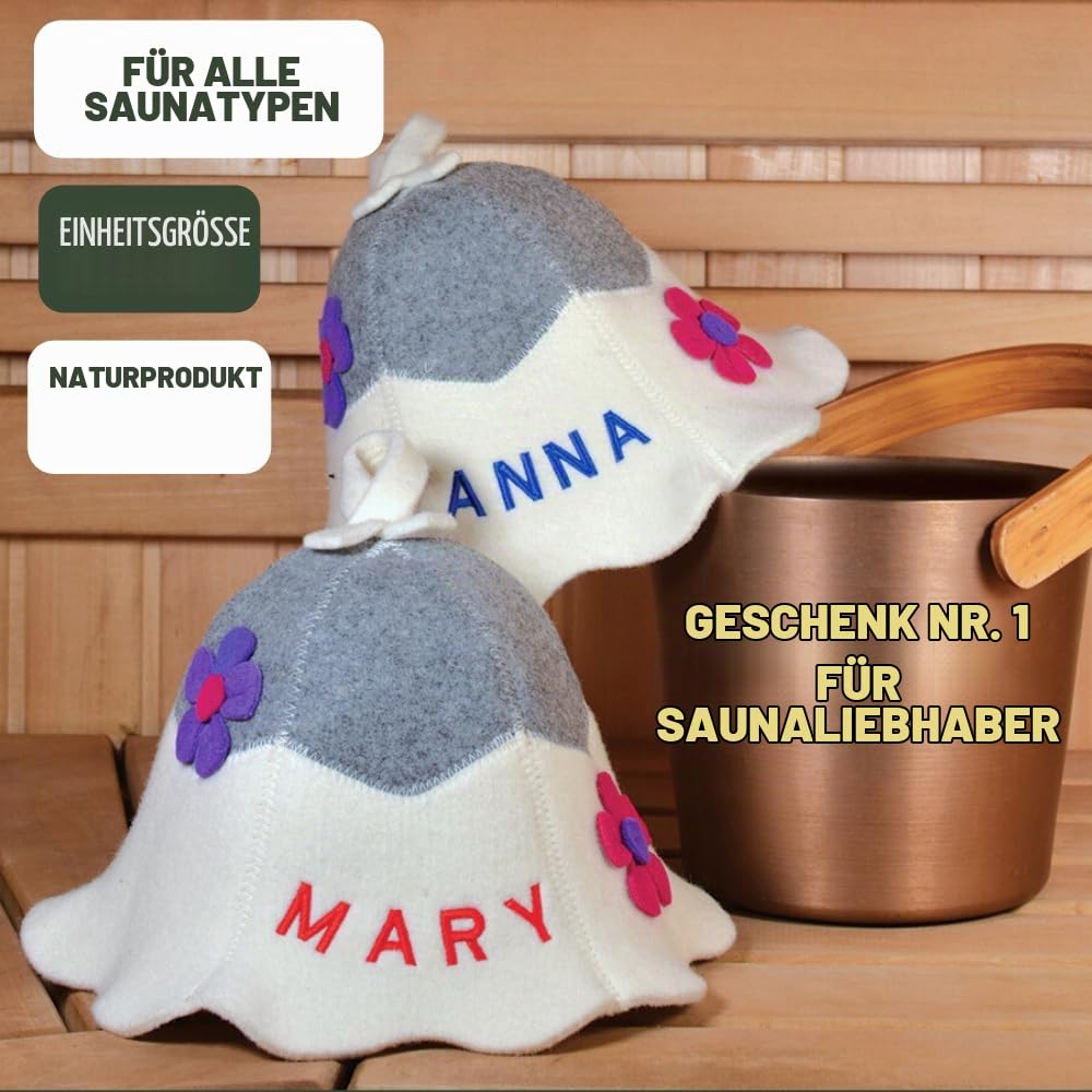 Personalisierter Saunahut aus 100 % Bio-Wolle – Premium Saunahut Damen mit Name Bestickt – Hochwertige Saunamütze als Exklusives Sauna Zubehör für stilvolle Saunagänge