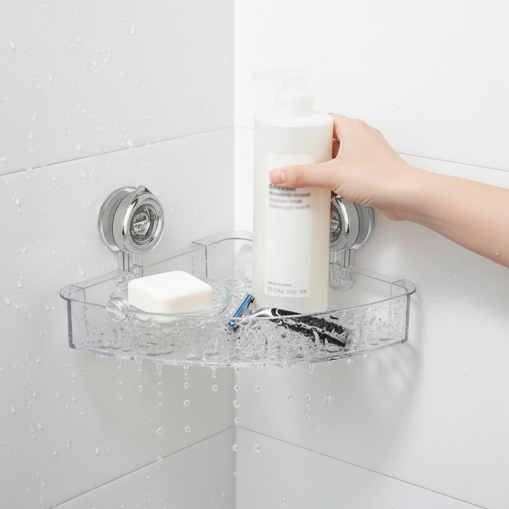 Latemeia Corner Suction Cup Shower Caddy, Clear Bathroom Storage Shelf with Drain Holes, Strong Suction Rack for Shower, Kitchen Sink, No Drill Organizer, Caddy, Organizer Cup