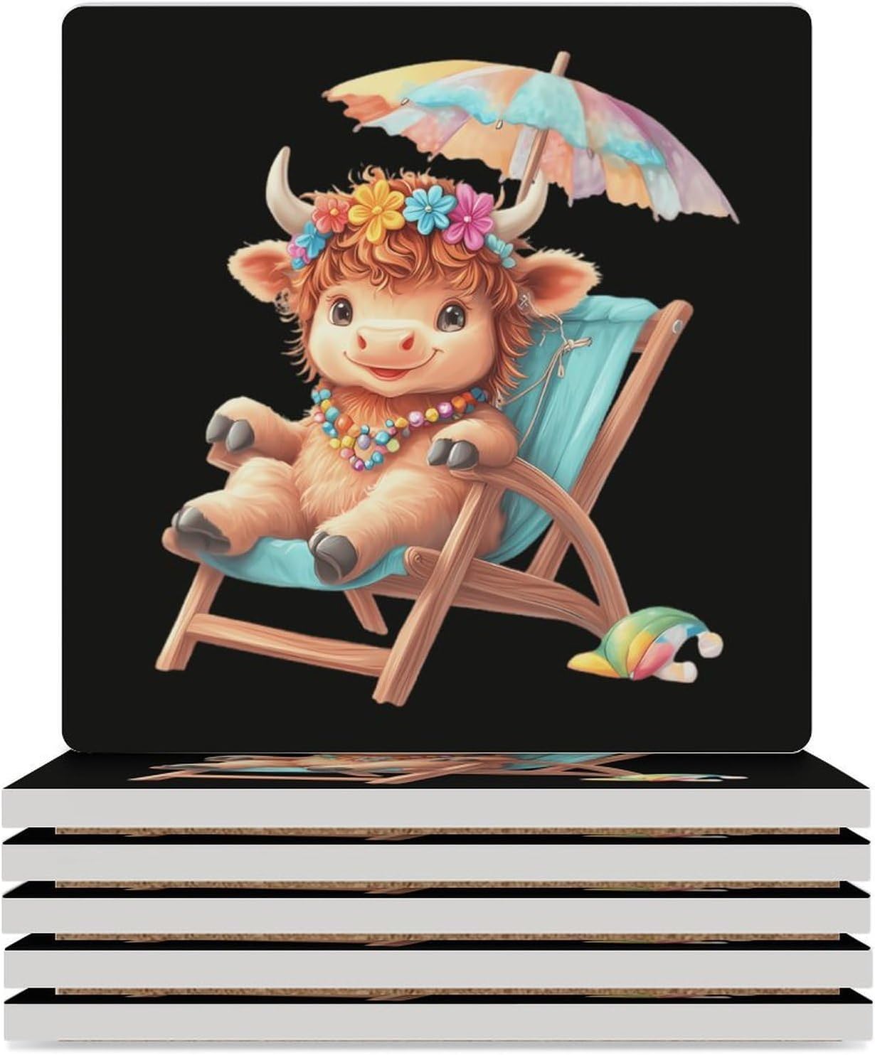 Cute Highland Cow Beach Funny Ceramic Coasters for Drink Absorbent Cup Holders Tabletop Protection