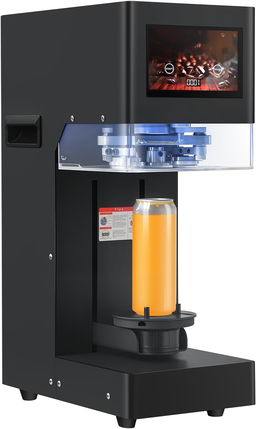 Fully Automatic Commercial Can Sealer Machine with Touch Screen, Auto-Detect Height & No Need Cup Mat for Aluminum & Plastic Cans, for Soda, Beer, Iced Tea & Homebrew (Black)