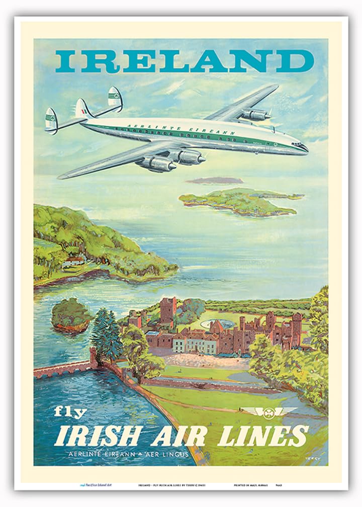 Pacifica Island ArtIreland - Fly Irish Air Lines - Lockheed Martin Constellation “Connie” Aircraft - Vintage Airline Travel Poster by Terry c.1940s - Master Print 10in x 14in