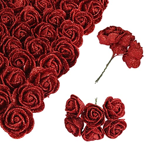 INSUNSIX Glitter Roses Bouquet,72pcs Artificial Red Roses 1.37in Glitter Flowers Mini Roses for Crafts DIY Wedding Party Home Decor(Red)