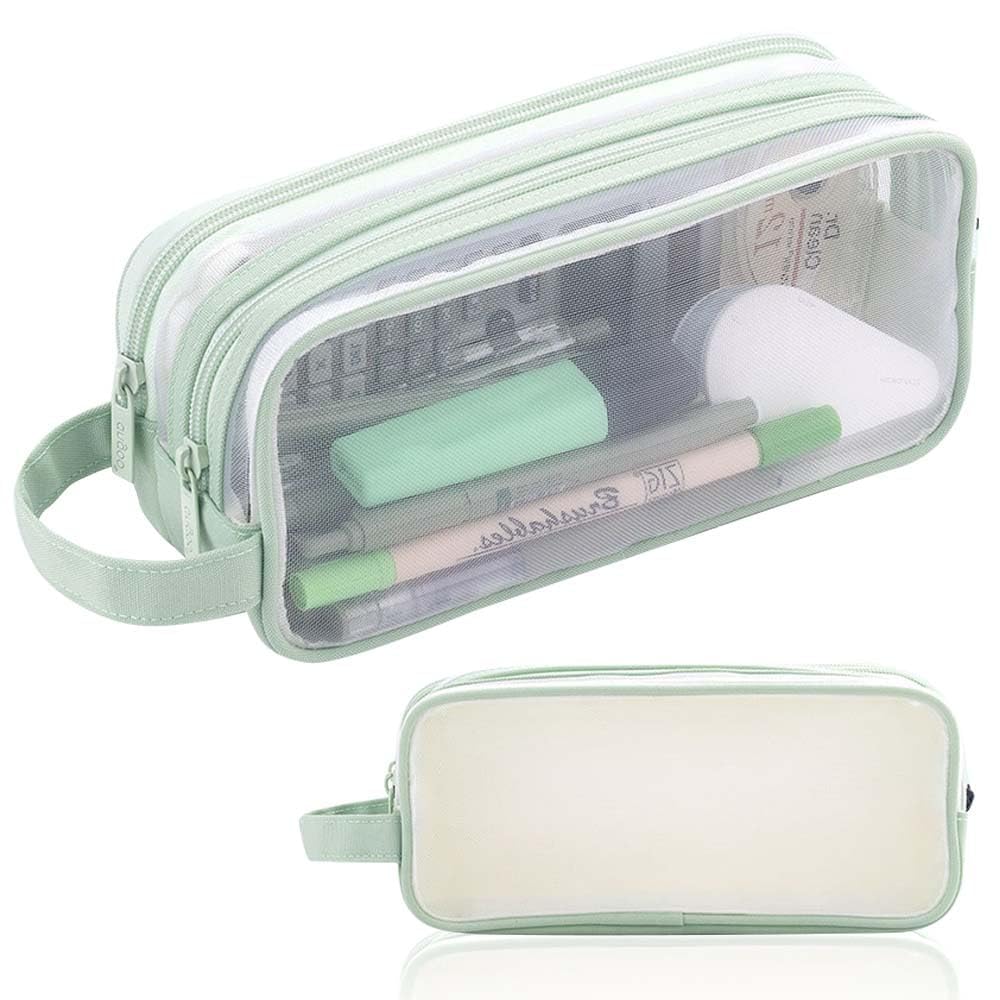 RIMIRICO Clear Pencil Case, Big Capacity Grid Mesh Pencil Case, 2 Compartments Aesthetic Pencil Pouch for Girls Boys Secondary School, Large Stationery Organiser for Kids Teenager (Green)