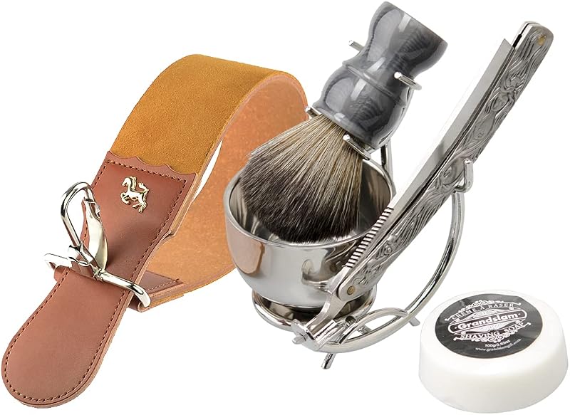 Kit de barbear Grandslam com navalha tradicional, tigela, pincel e suporte — 6 peças