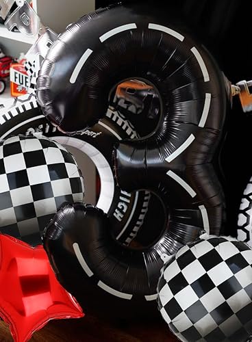 Miniatura 8 de Globos de cumpleaños de auto de carreras de 40 pulgadas globo de número 9 negro para niños de 9 años suministros de decoración de fiesta temática 5