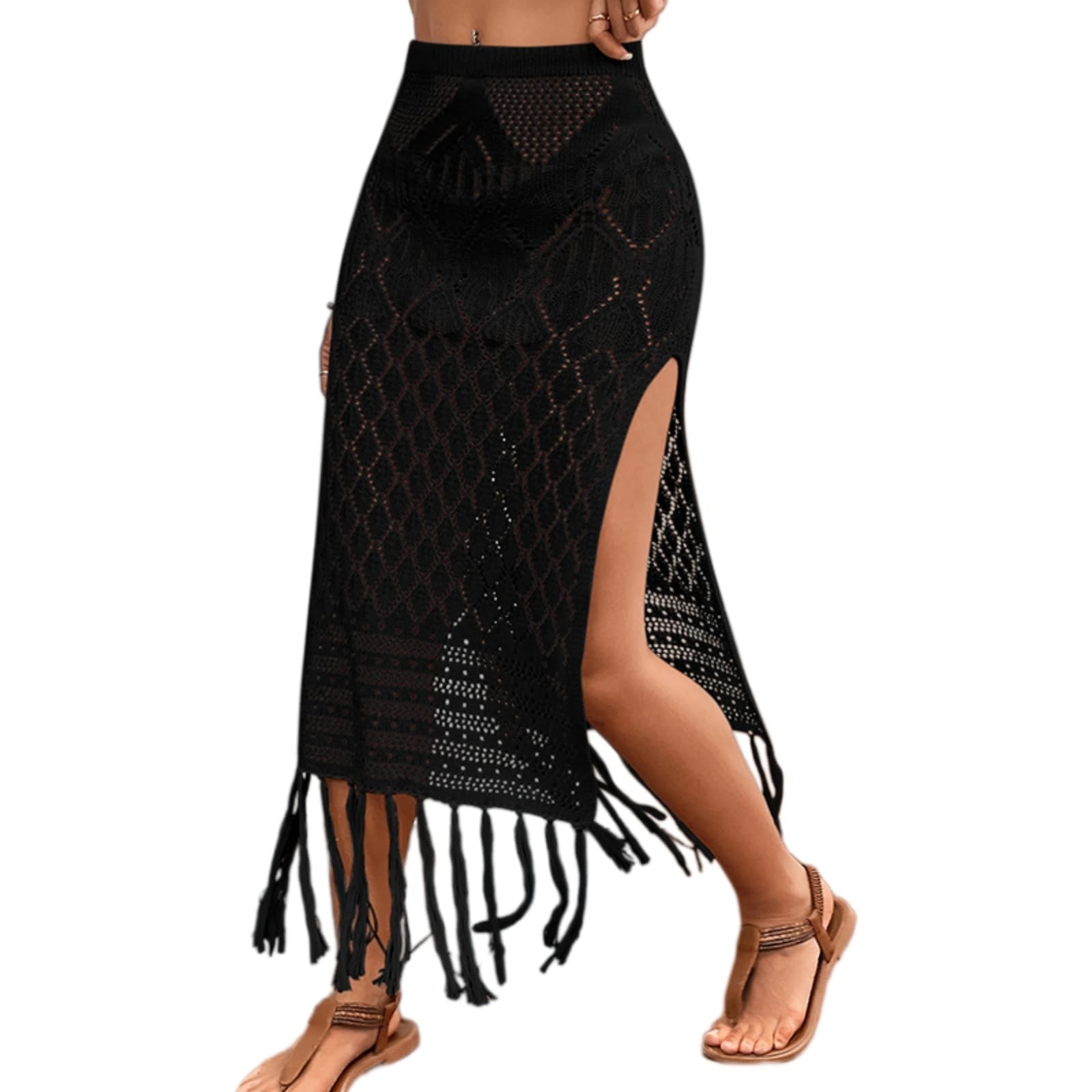 Sarong en tricot noir avec fente haute et finitions à tassels
