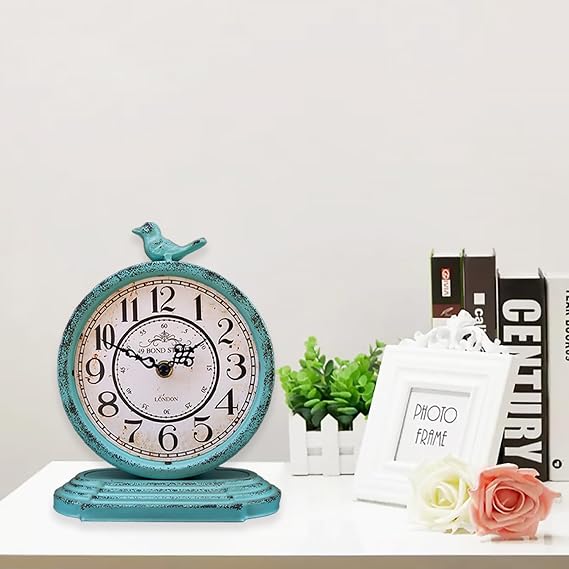 HZDHCLH Table Clocks 23 cm Height Silent Non Ticking Roman Retro Art Desk Clock for Living Room Bedroom Office(Aquatic green)