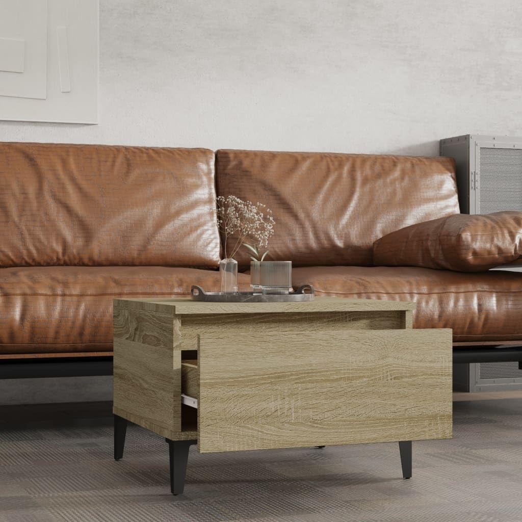 Stoliki pomocnicze, 2 sztuki, dąb Sonoma 50 x 46 x 35 cm, materiał drewnopochodny z szufladą i metalowymi nóżkami, stolik kawowy do salonu, sypialni, biura, nie zajmuje dużo miejsca i jest
