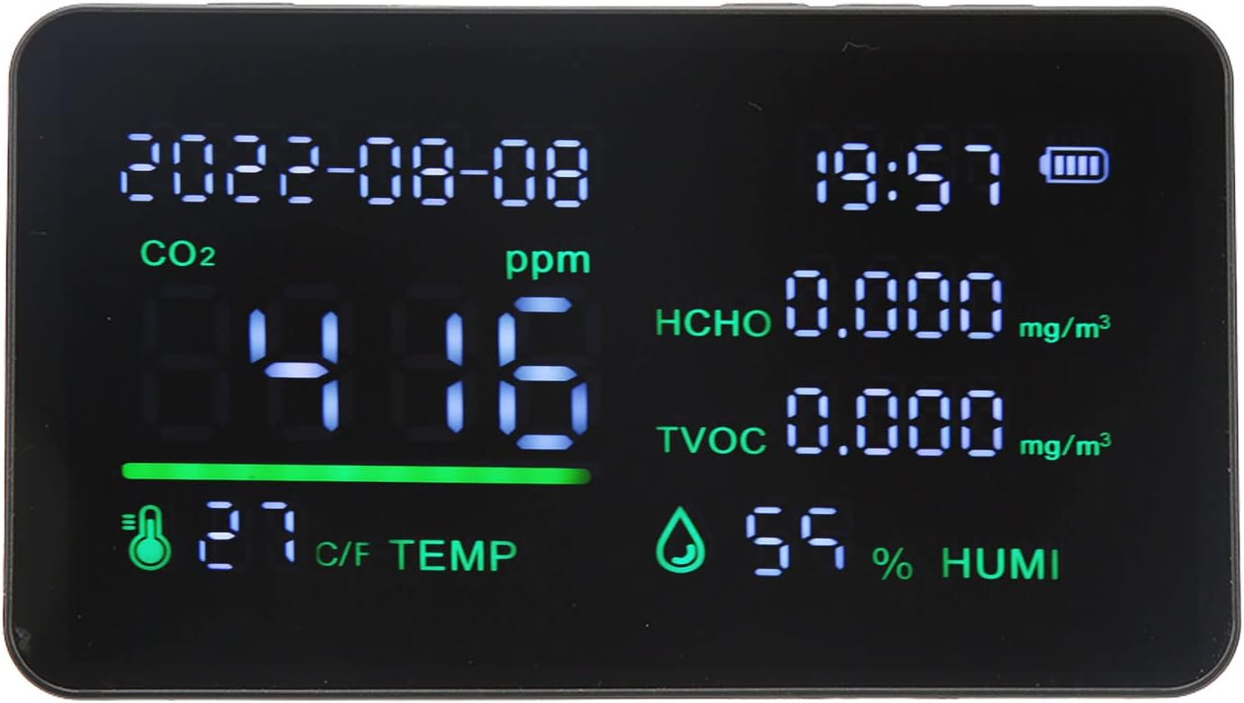 Air Quality Monitor CO2 Detector USB Charging Carbon Dioxide HCHO Temperature Humidity Detector with Large Screen Display Infrared for Various Indoor Spaces (Black)