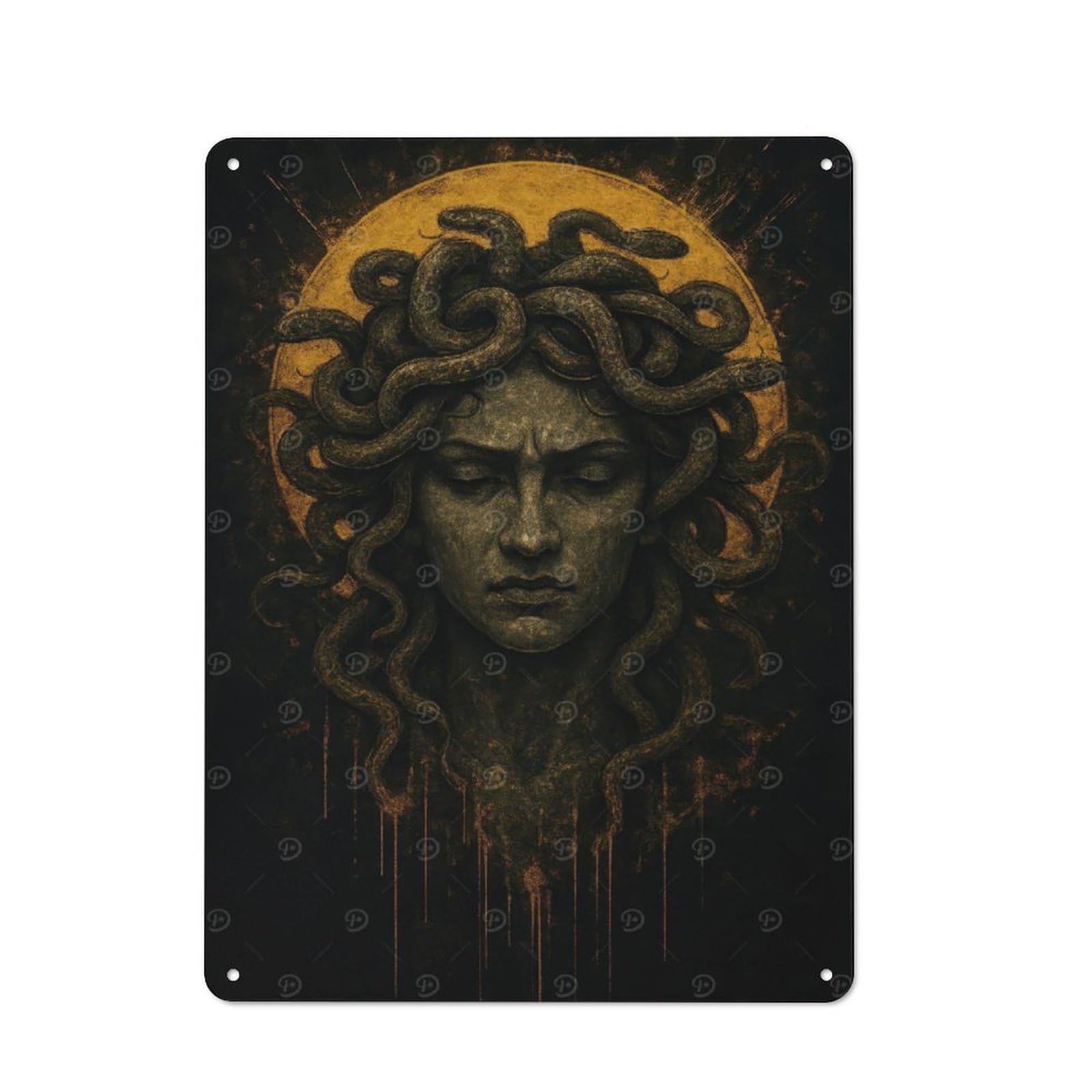 Junmoney Medusa Portrait With Snakes And Golden Halo Metal Wall Sign 40X30cm Featuring For Garage Or Workshop, Suited To Diy Enthusiasts