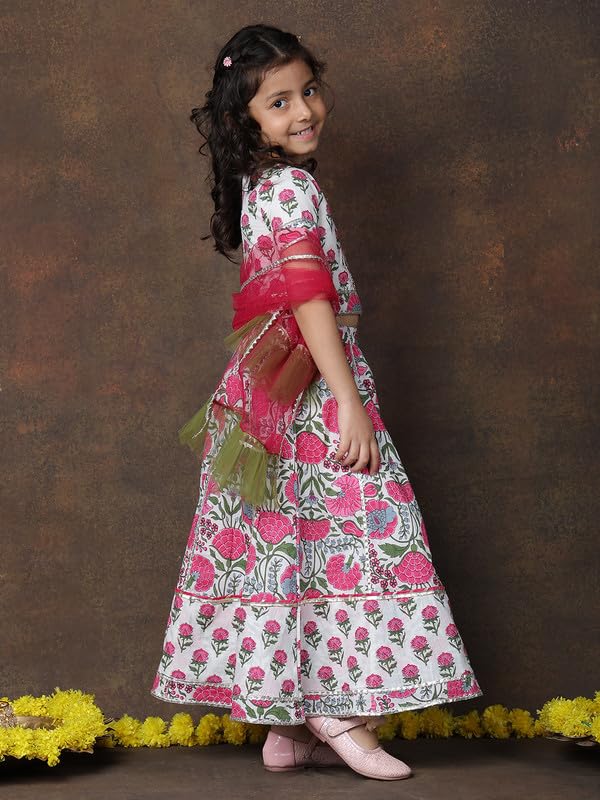 Image of superminis Girls Cotton Floral Printed Gotta Work 3 /4 Sleeves Flared Design Kurti & Sharara Set