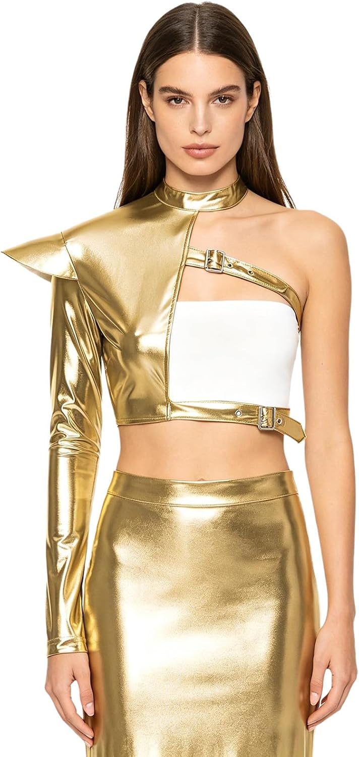 Yhong Women Sequins Top Short Leather Jacket Arm Sleeve Half Body Chest Harness Party Clubwear Rave Outfits