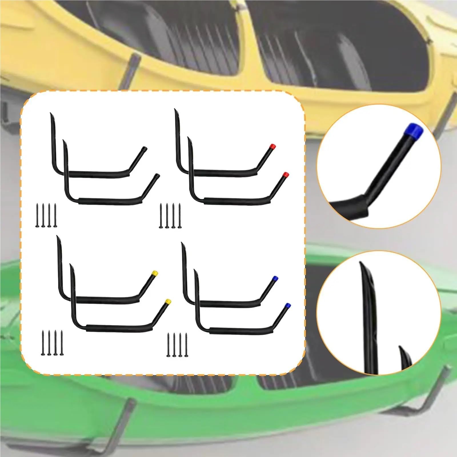 4 x Wandhalterung, Kajak-Aufhänger, Garage, Aufbewahrungshaken für Kanu, Surfbrett | Robustes Stahlrohr, platzsparendes Design, einfache Installation, hält mehrere Wassersportgeräte (gelb)