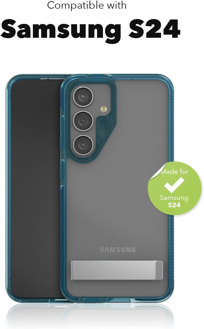 ZAGG Santa Cruz Samsung Galaxy S24 Case with Kickstand - Graphene-Enhanced, Drop-Resistant up to 13ft, Ultra Slim, Clear Case with Color Accents, Vibrant Blue