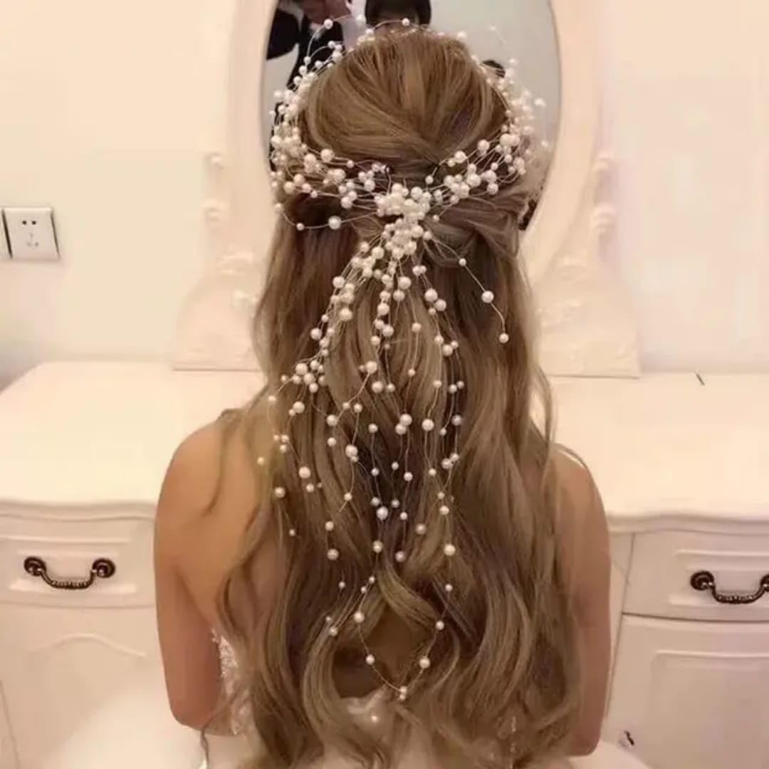 H-STYLE STORE 1pcs New Pearl chain Hair Band for women| Handmade Pearl Hair Vine for Bride| wedding hair accessorice for women and girl|-image-2