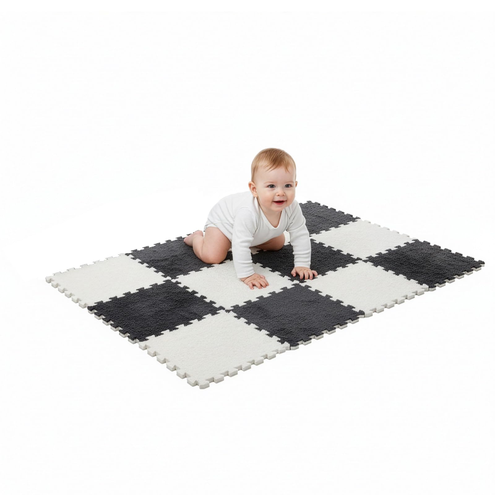 CROWNSHOP Plush Interlocking Foam Floor Tiles 30×30×1cm (12-Pack), Soft EVA Puzzle Play Mats with Edges for Kids, Yoga, Fitness, Bedroom & Living Room (Black & White)