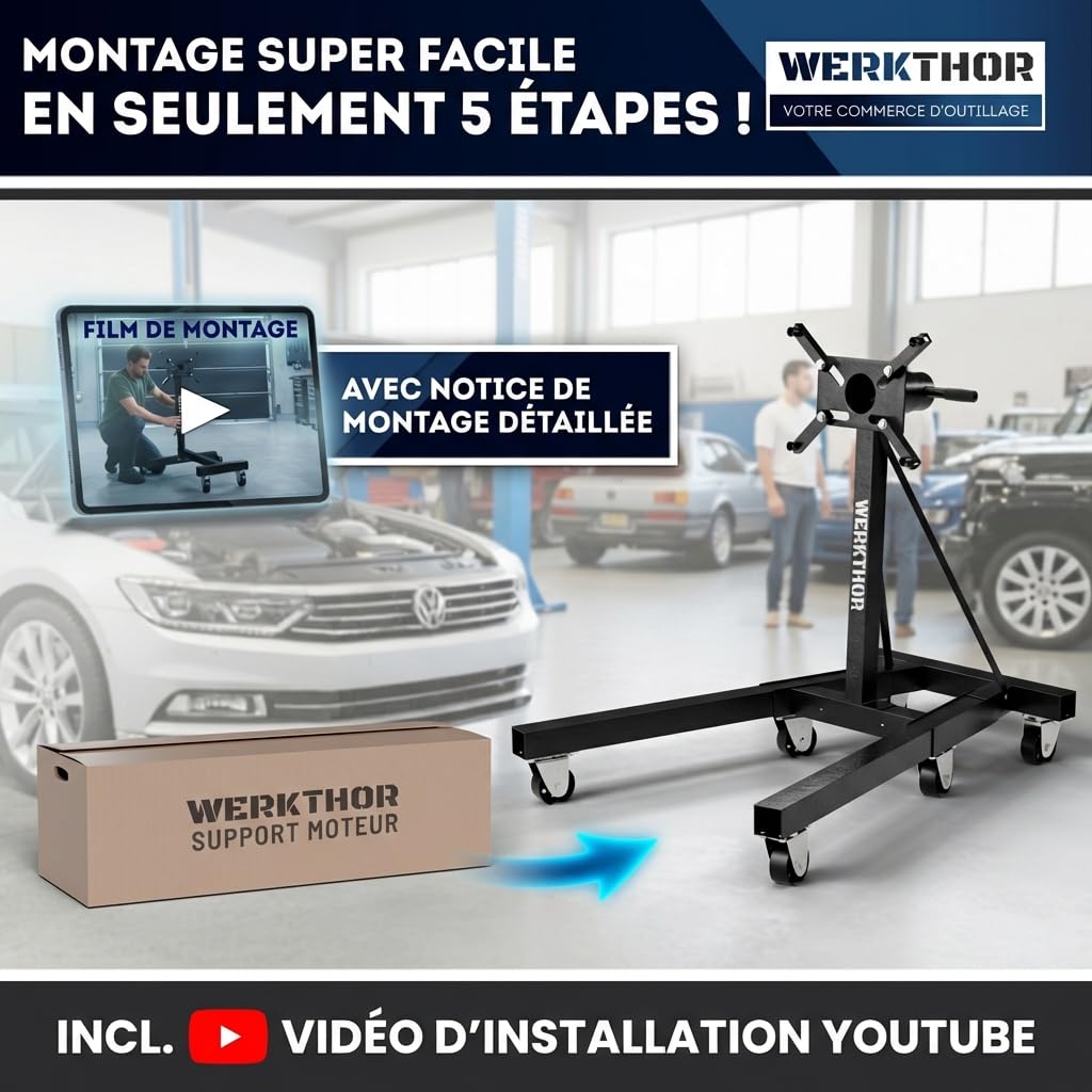 WERKTHOR Support Moteur Atelier 900kg | Support Moteur Rotatif 360° Extra Lourd | Support Moteur Professionnel Acier pour V8 Diesel Utilitaire