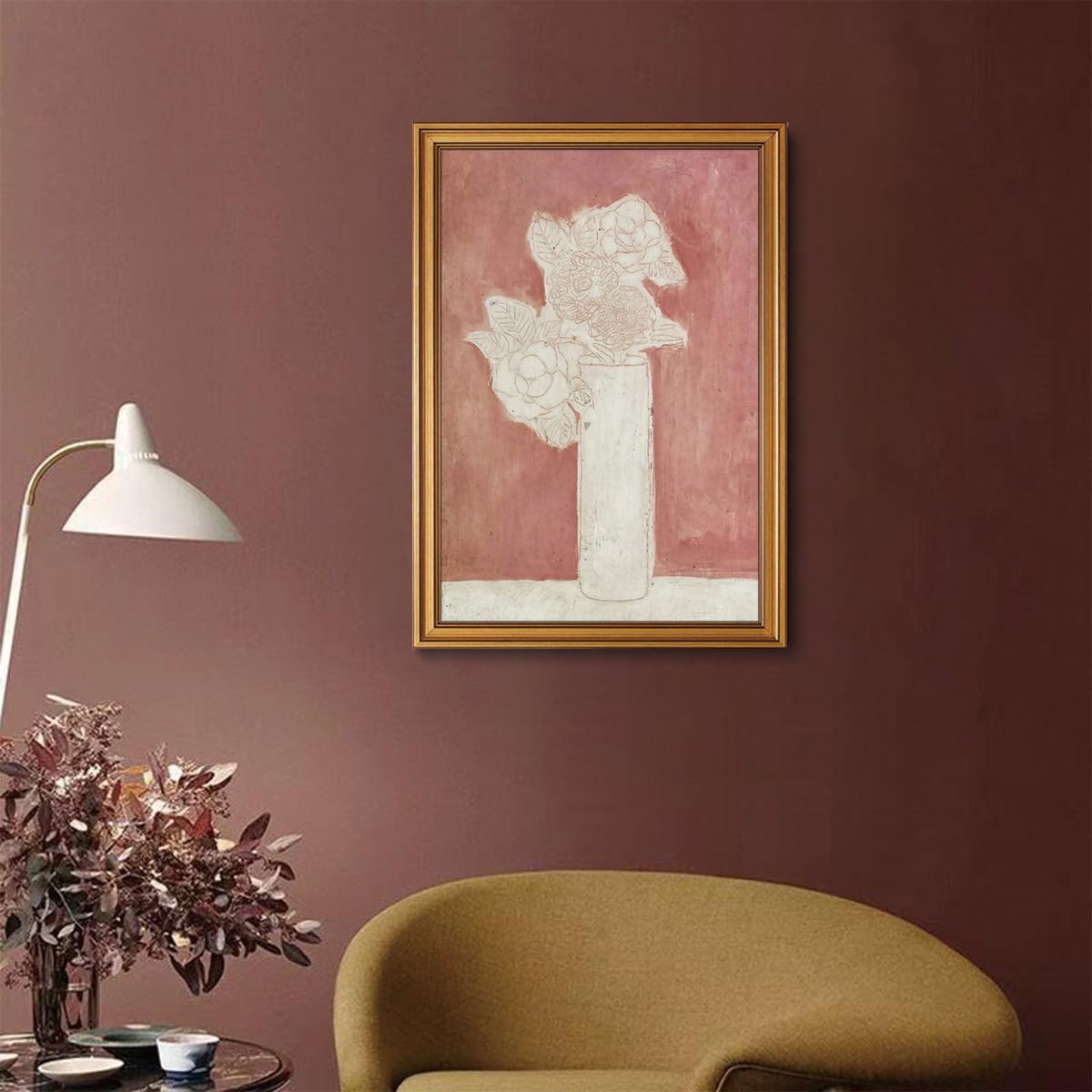 Vintage Gold Framed Wall Art - Pink Abstract Floral Canvas Art Prints Boho Flower Botanical Pictures Wall Decor Aesthetic Painting Artwork for Living Room Bedroom Bathroom 16x24in
