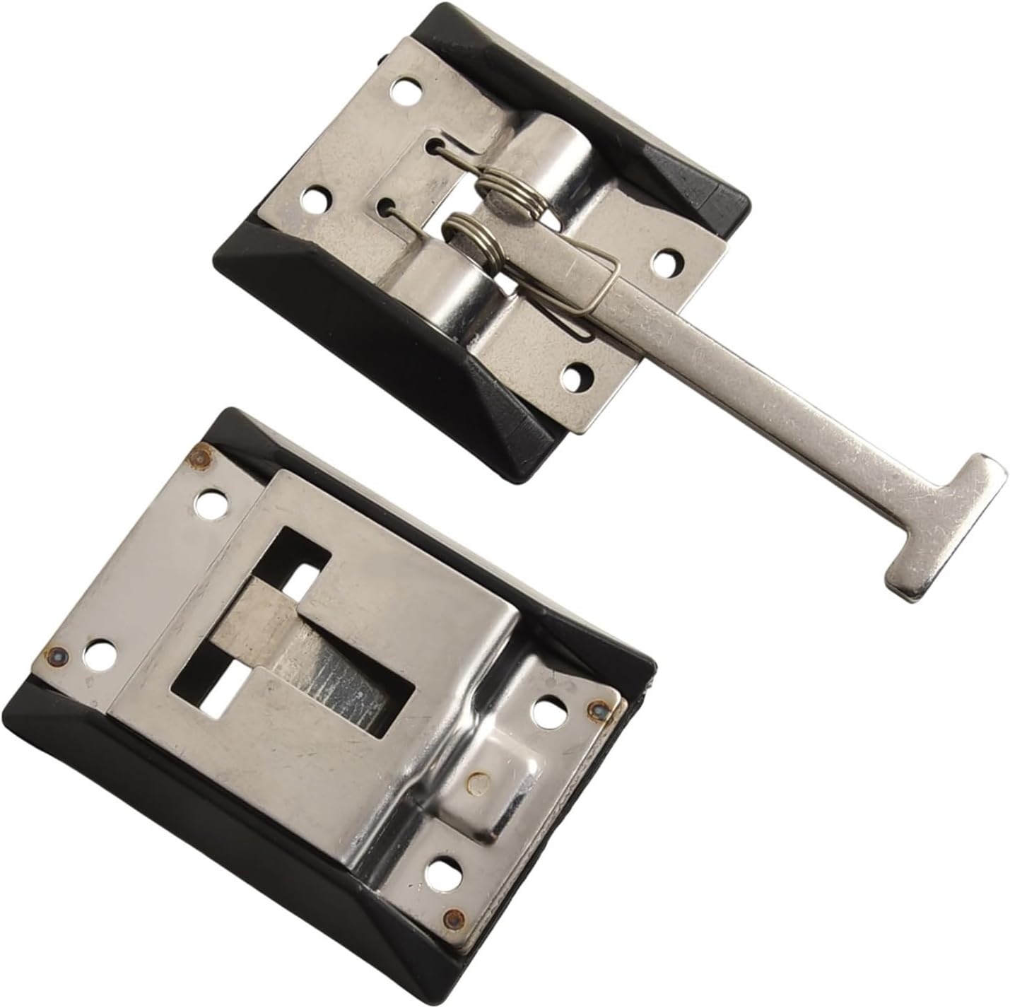 2Pcs Door Retaining Latch Stainless Steel Galvanized Hook and Spring Catch Plate for Caravan Truck RV Cabinet Secure Hold Black Silver(304 stainless steel)
