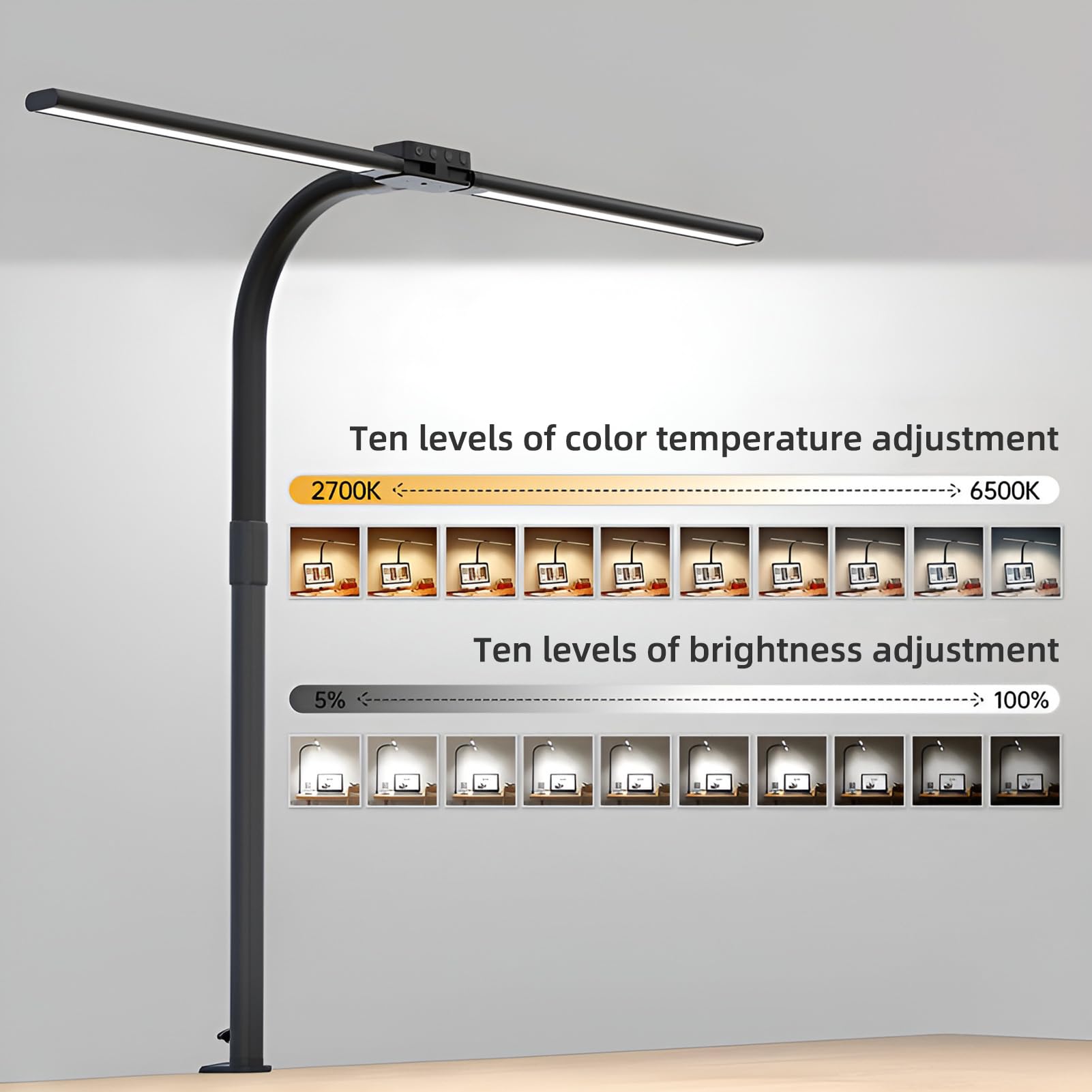 Syfunlv Schreibtischlampe LED Dimmbar,Schreibtischlampe,24W,1200lm Augenschutz Büro Tischlampe, USB Ladefunktion,Doppelkopf Schreibtischlampe Mit Schwenkarm,für Homeoffice