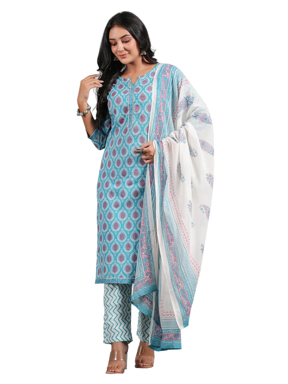Anubhutee Women's Pure Cotton Ethnic Motifs Printed Turquoise Blue Kurta Suit Set With Trousers & Dupatta