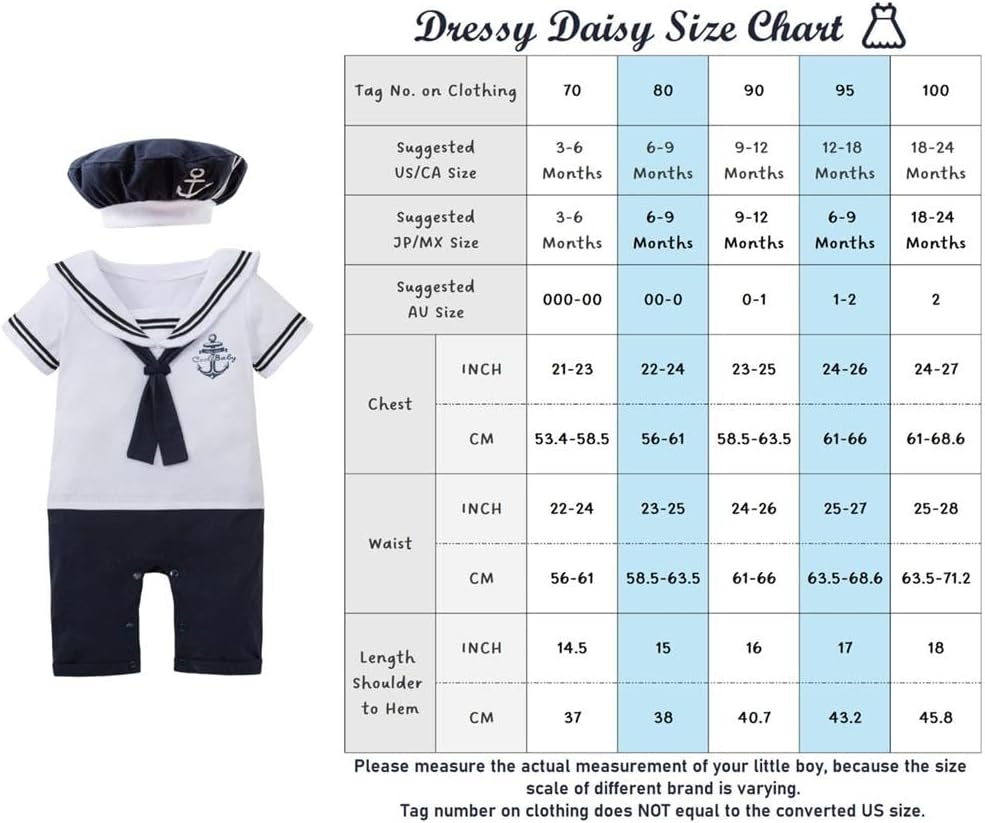 Dressy Daisy Infant Baby Boy Sailor Outfit Nautical Onesie Romper Bodysuit Costume Clothes with Hat, White Navy