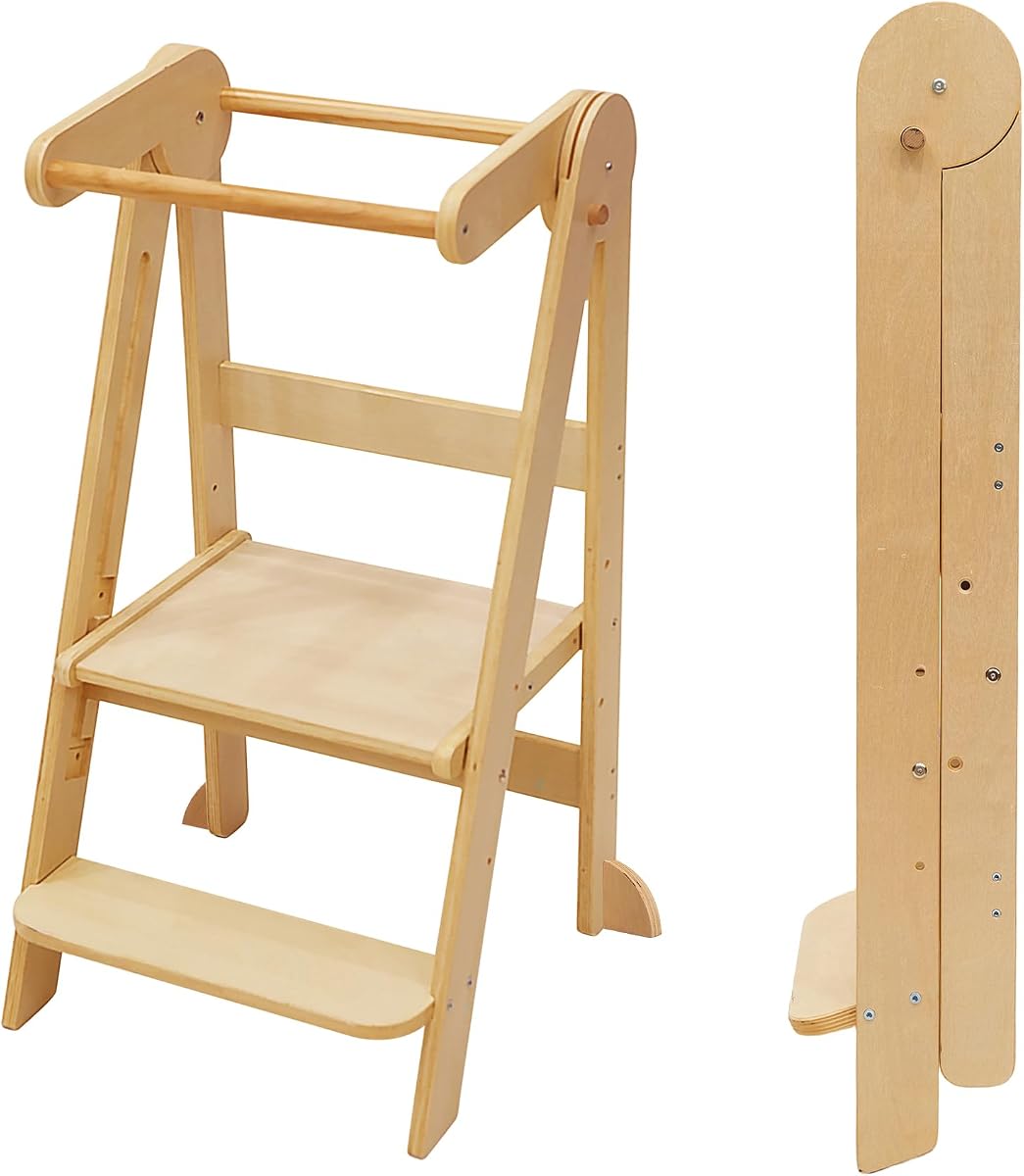 Taburete de cocina plegable premontado con torre para niños pequeños, torre plegable para aprender con 3 alturas ajustables Taburete con escalón plegable Montessori para niños pequeños de 1,5 a 6 años, natural