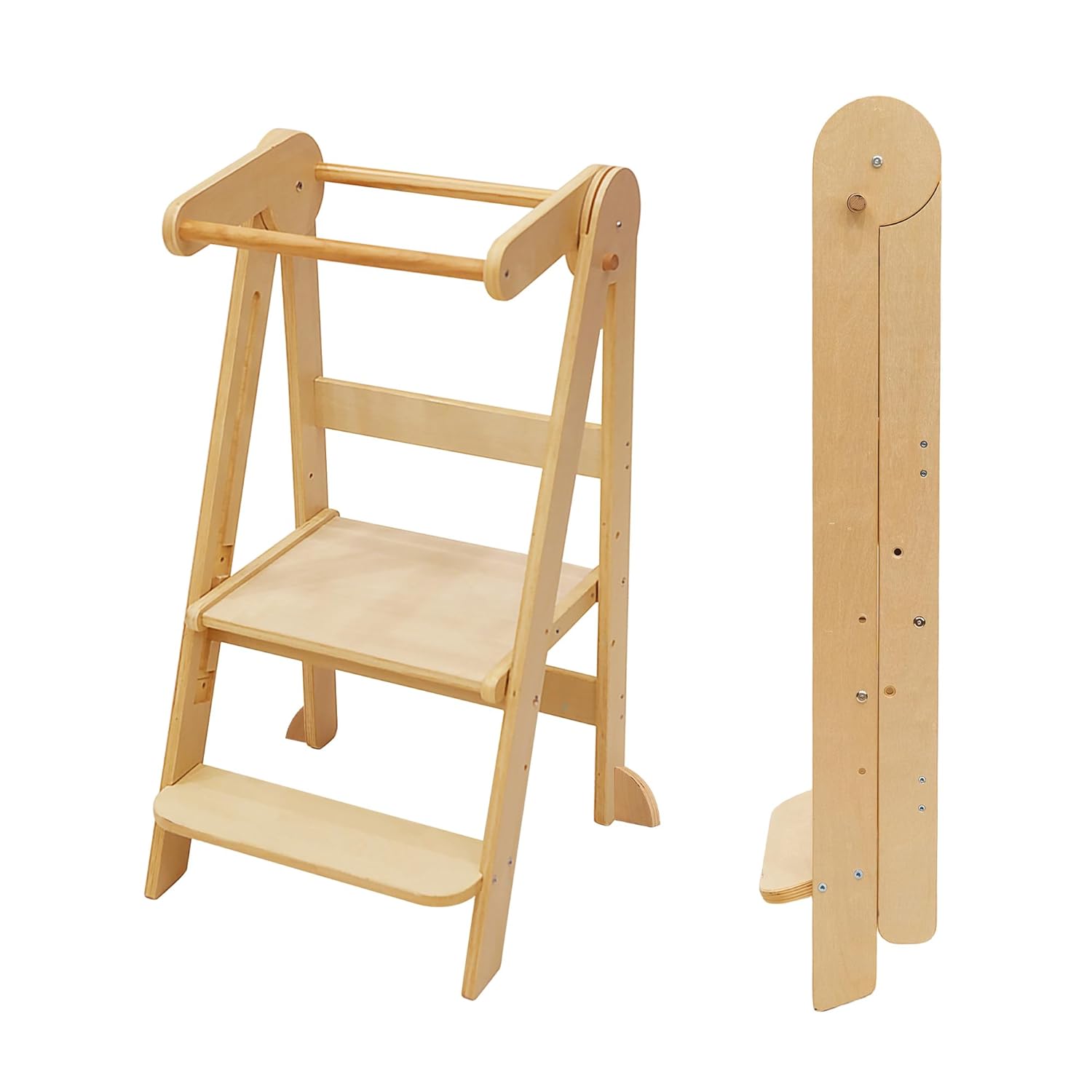 Foldable Toddler Tower Preassembled Kitchen Stool, Folding Tower for Learning with 3 Adjustable Heights Montessori Toddler Standing Tower Collapsible Step Stool for Kids 1.5-6y Natural Natural Wood
