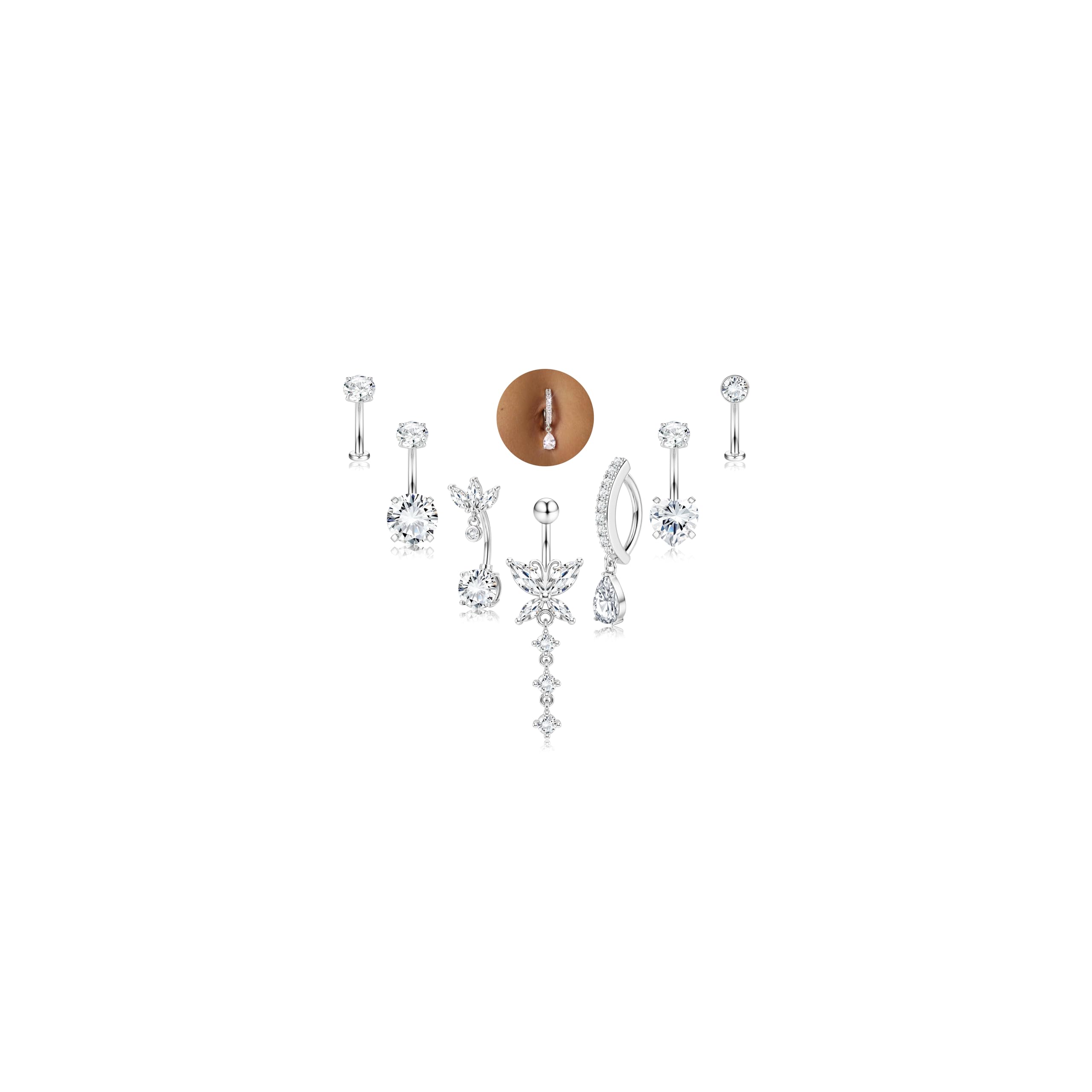 ORAZIO 7 Pièces Piercing Nombril Acier Chirurgical Or Femme 10/12 MM Percing Au Nombril Argent Hypoallergénique Rose Bleu Zircon Fleurs Papillon Piercing Nombril Anneau Femme