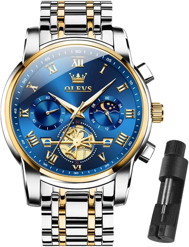 OLEVS Men's Stainless Steel Chronograph Watch, Big Face Multi Dial Waterproof Luminous Analog Quartz Watch, Luxury Date Diamond Classic Men Wrist Watch (Gold/Silver/Black/Blue)