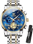 OLEVS Men's Stainless Steel Chronograph Watch, Big Face Multi Dial Waterproof Luminous Analog Quartz Watch, Luxury Date Diamond Classic Men Wrist Watch (Gold/Silver/Black/Blue)