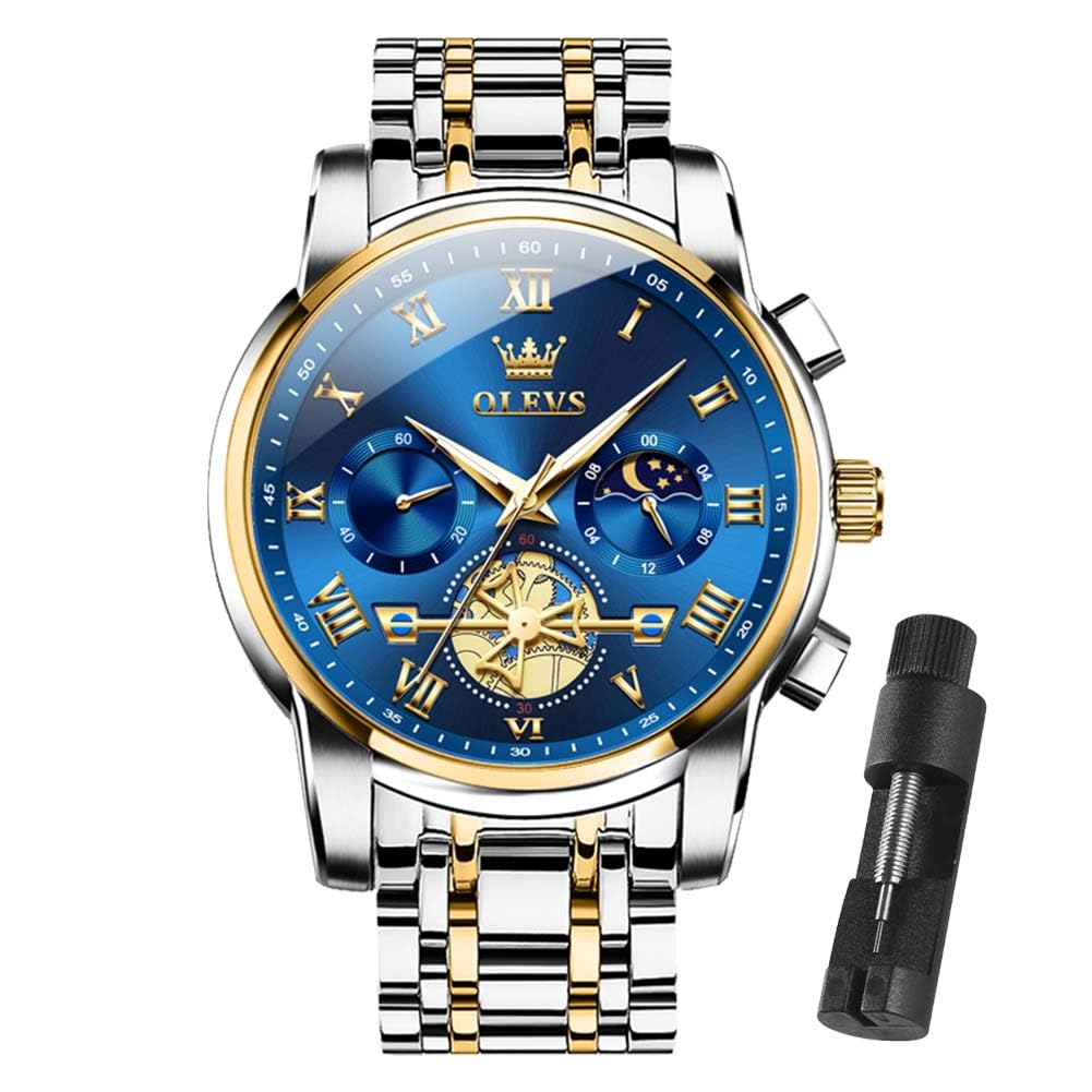 OLEVS Men's Stainless Steel Chronograph Watch, Big Face Multi Dial Waterproof Luminous Analog Quartz Watch, Luxury Date Diamond Classic Men Wrist Watch (Gold/Silver/Black/Blue)