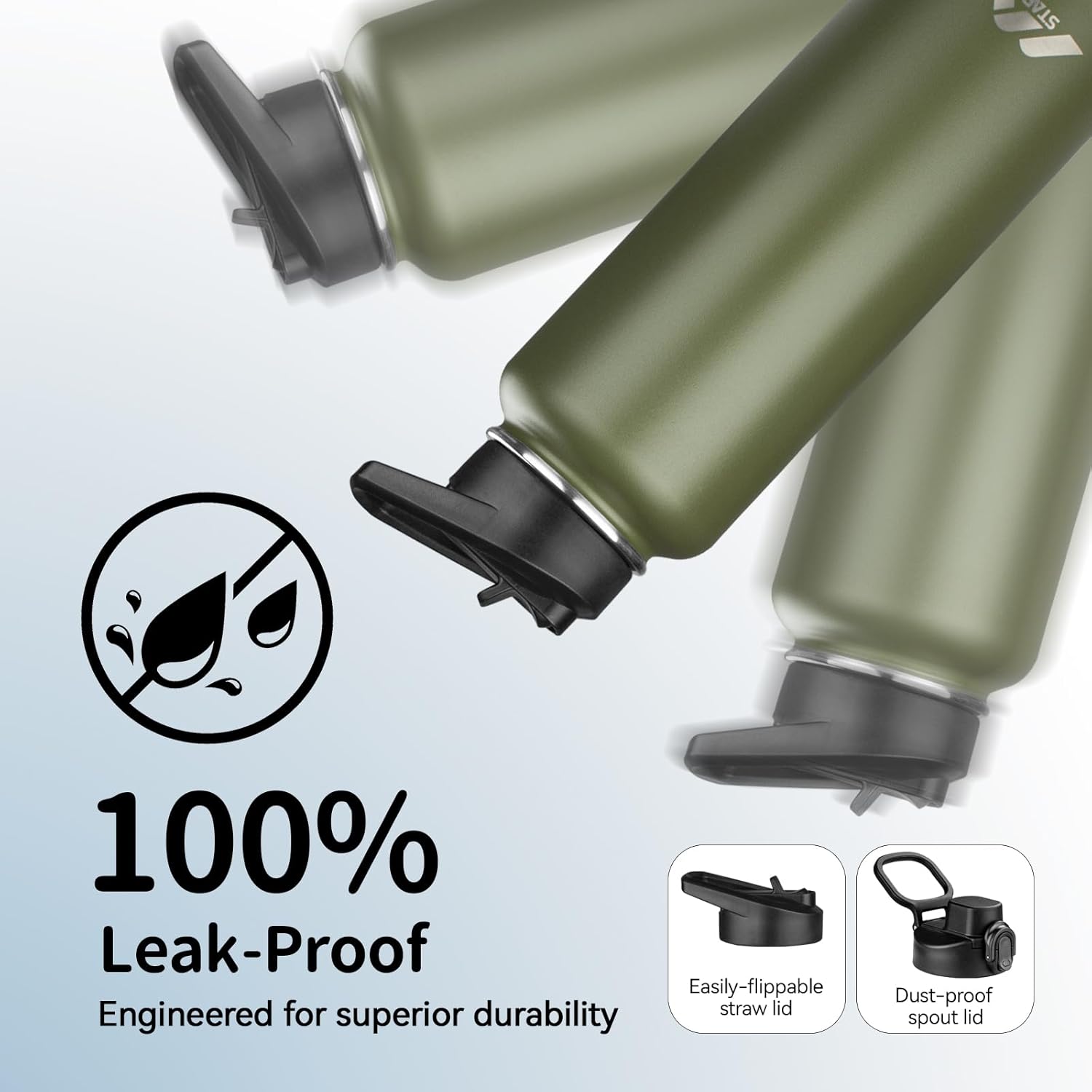 StarSpeed 40oz Insulated Water Bottle with Straws & 2 Lids, Stainless Steel Double Walled Vacuum Water Flask, Wide Mouth Sports Water Bottle for Gym Camping Hiking, Navy Green - Image 5