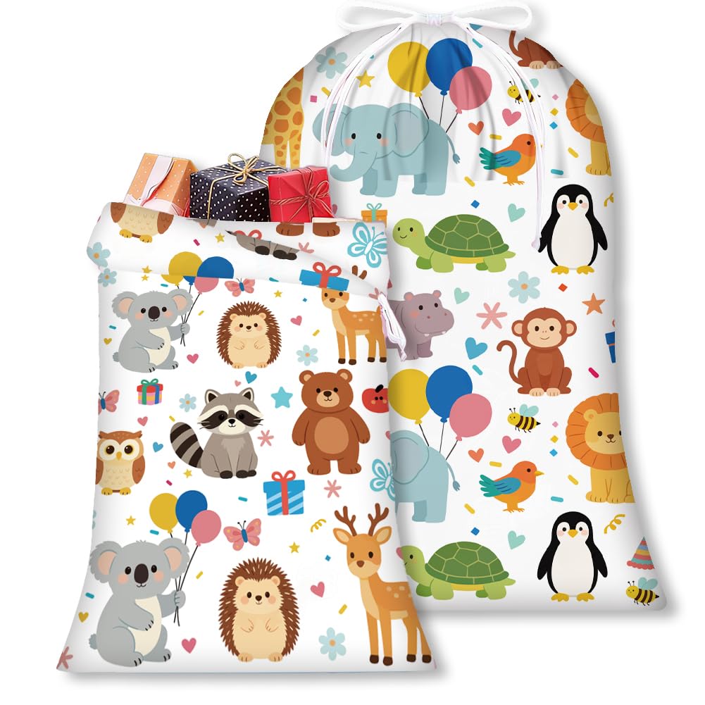 PRESSINART 2Pcs 2 Sizes Drawstring Fabric Gift Bags Zoo Animal, Large Woodland Animal Gift Bag Reusable Polyester Cute Present Wrapping Pouches for Party Favor Gender Reveal Birthday Party Supplies