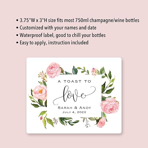 Miniatura 3 de 6 Custom Pink Floral Waterproof Champagne Bottle Labels, Personalized Wine Label Sticker for Wedding, Bridal Shower, Birthday, Graduation Party and