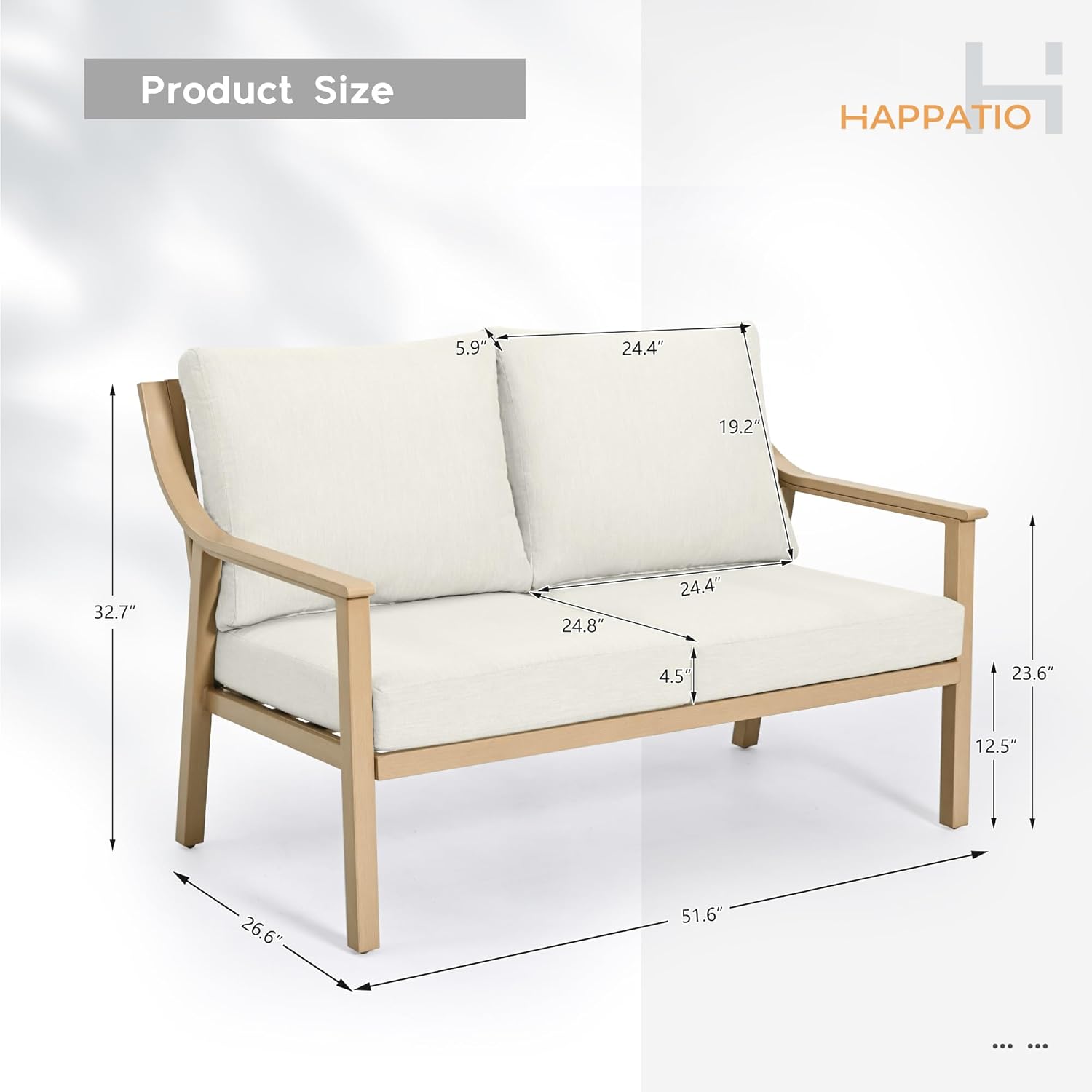 HAPPATIO Patio Loveseat Outdoor Couch, All Weather Aluminum Patio 2 Seater Sofa, Deep Seat with 4.5" Thicken Removable Cushions for Deck, Lawn, Outside (Beige)