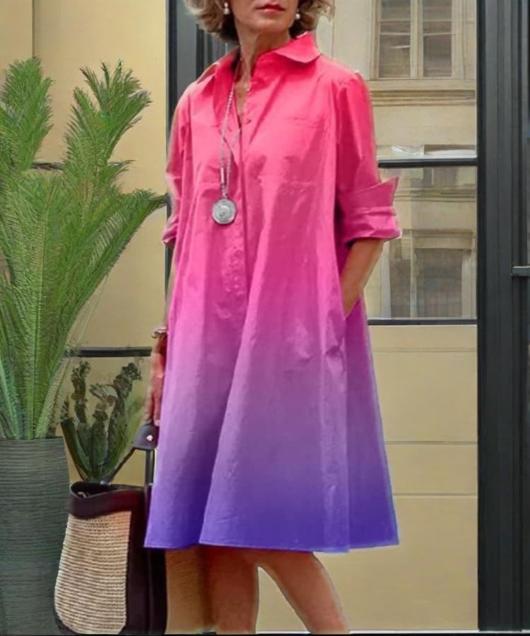 Womens 2025 Long Sleeve Button Down Shirt Summer Dress Casual V Neck Loose Fit Midi Shirt Dresses with Pockets - Image 5