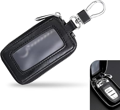 Car Key Fob Case, Clear Window Key Protector, Leather Storage Bag with Rotatable Keychain, for Cars Black