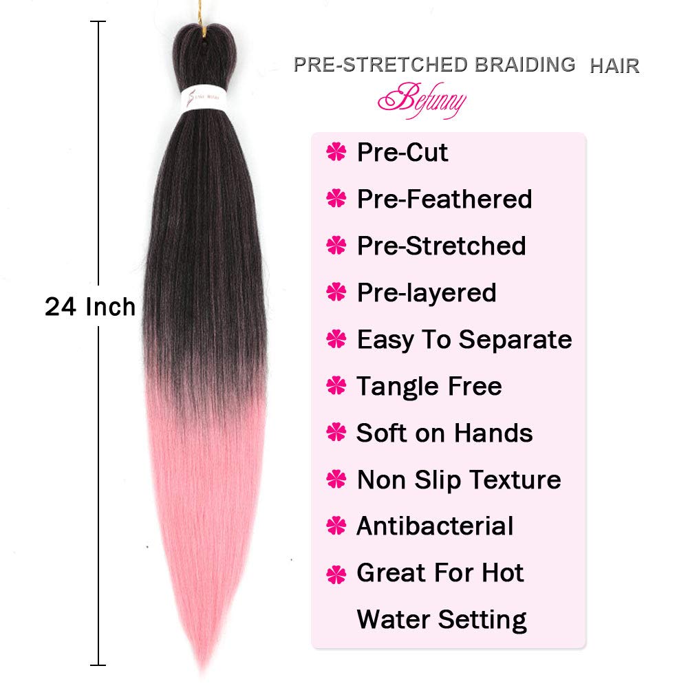 Befunny Pre Stretched Braiding Hair Two Tone Pink Pre Stretched/Prestretched Braid Hair 8 Packs 24 Inch Colourful Synthetic Crochet Hair For Human Braids Yaki Straight, Itch Free(24",T1B/Pink)