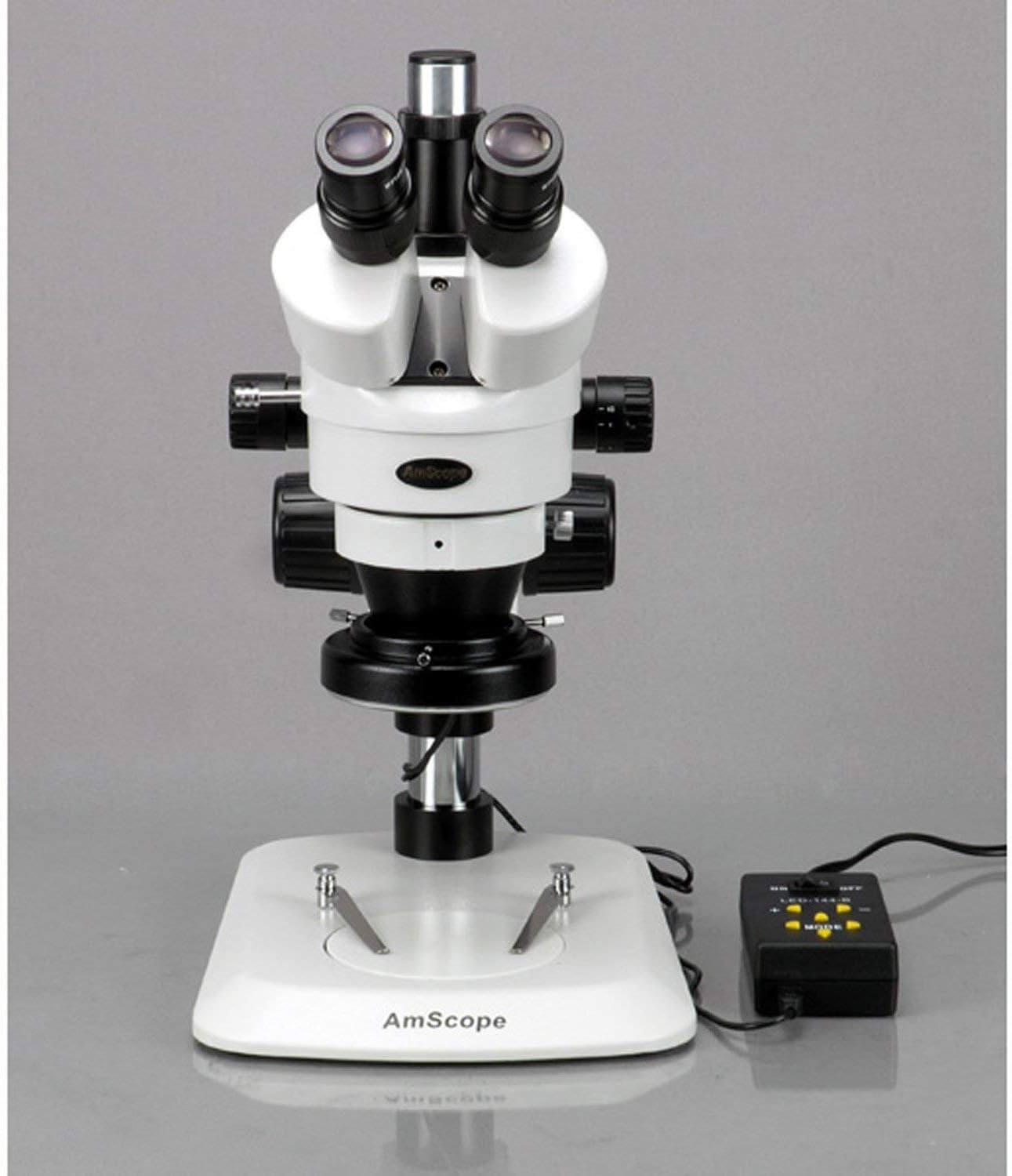 AmScope SM-1TNZ-144A-M Digital Professional Trinocular Stereo Zoom Microscope, WH10x Eyepieces, 3.5X-90X Magnification, 0.7X-4.5X Zoom Objective, Four-Zone LED Ring Light, Pillar Stand, 110V-240V, Includes 0.5X and 2.0X Barlow Lenses and 1.3MP Camera with Reduction Lens and Software