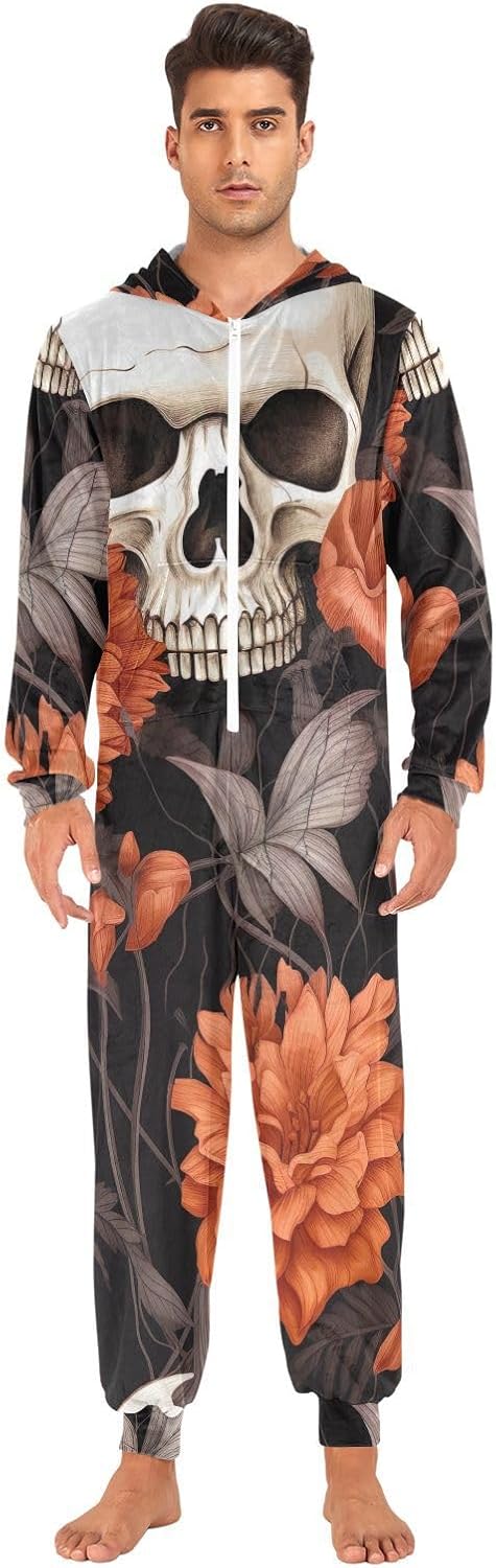 GAIREG Vintage Flowers Skulls Brown One-Piece Pajama Jumpsuits, Plush Pajama Onesie for Men's Women's