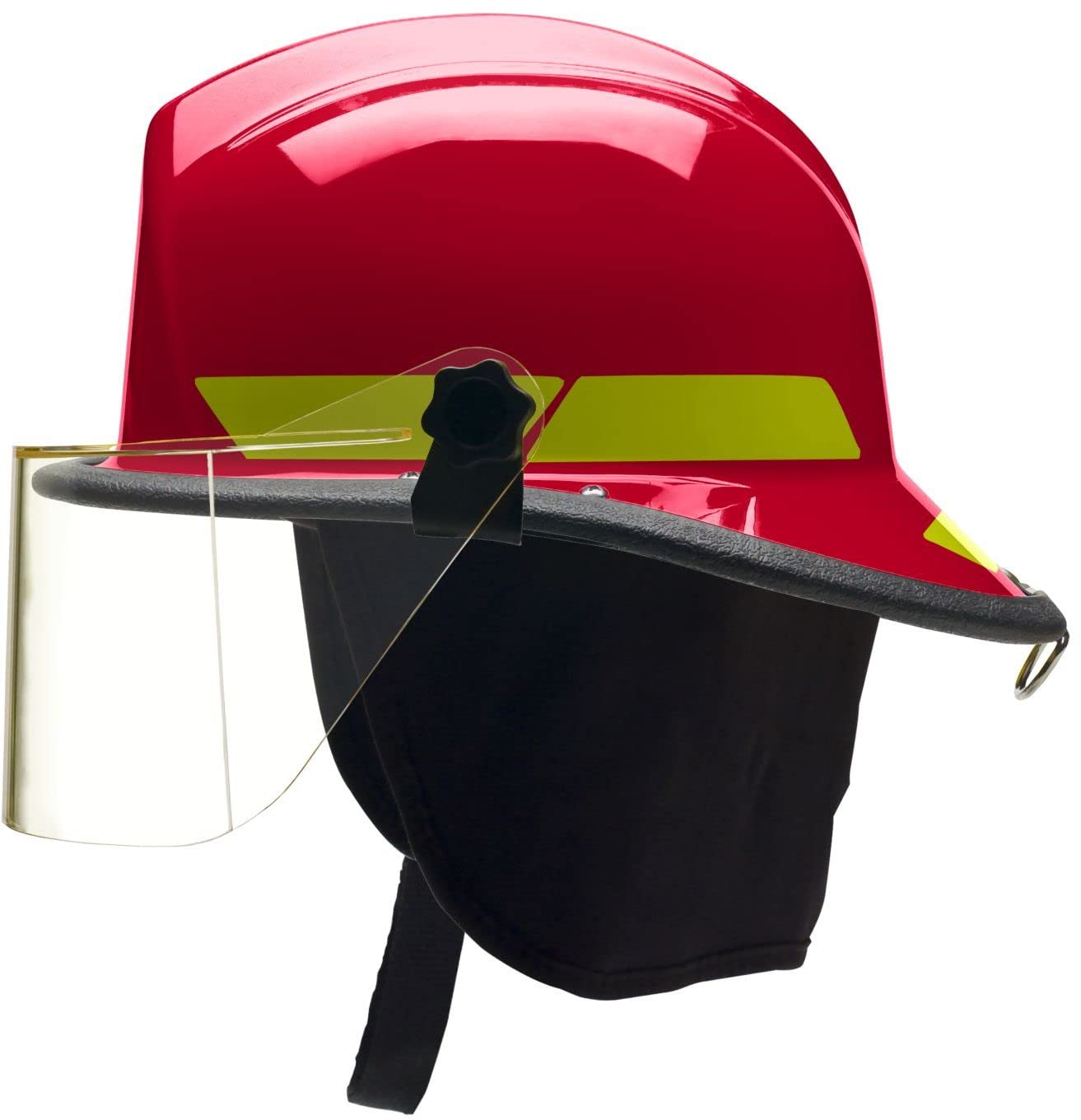 Fire Fighter Helmet - RED, Model: LTX, Structural, Optically Correct 6" Visor and Neck Protectors, Lower Center of Gravity Design, Sure-Lock ratchet Headband