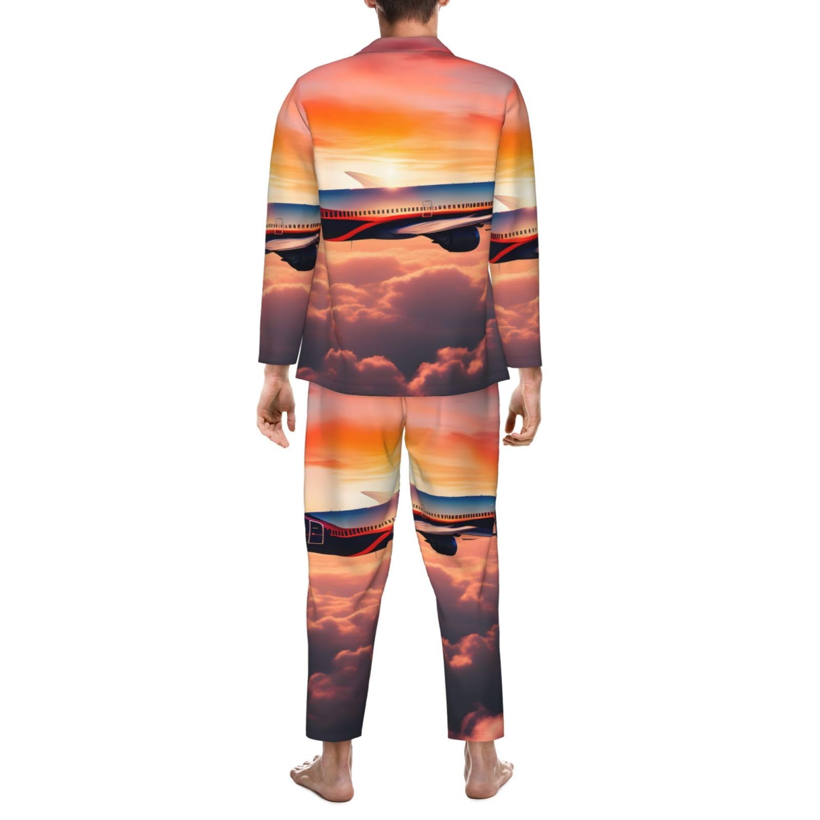 Pigiama da uomo a maniche lunghe con stampa cielo tramonti aeroplano set due pezzi traspirante accogliente Weekend Loungewear