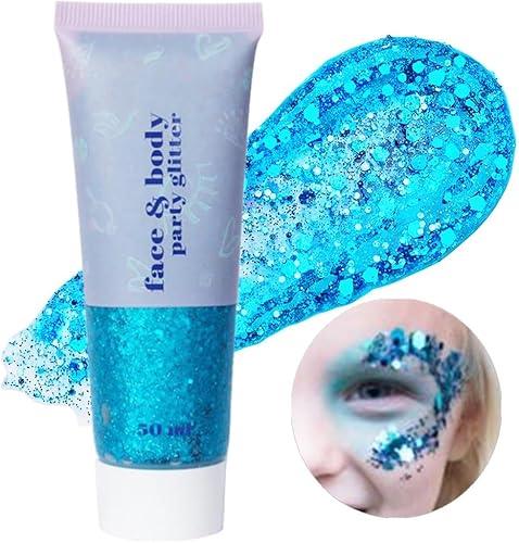 Vista 12 de Go Ho Brillantina azul para rostro y cuerpo, pintura facial azul de Halloween, gel brillante de sirena, lentejuelas gruesas holográficas para ojos