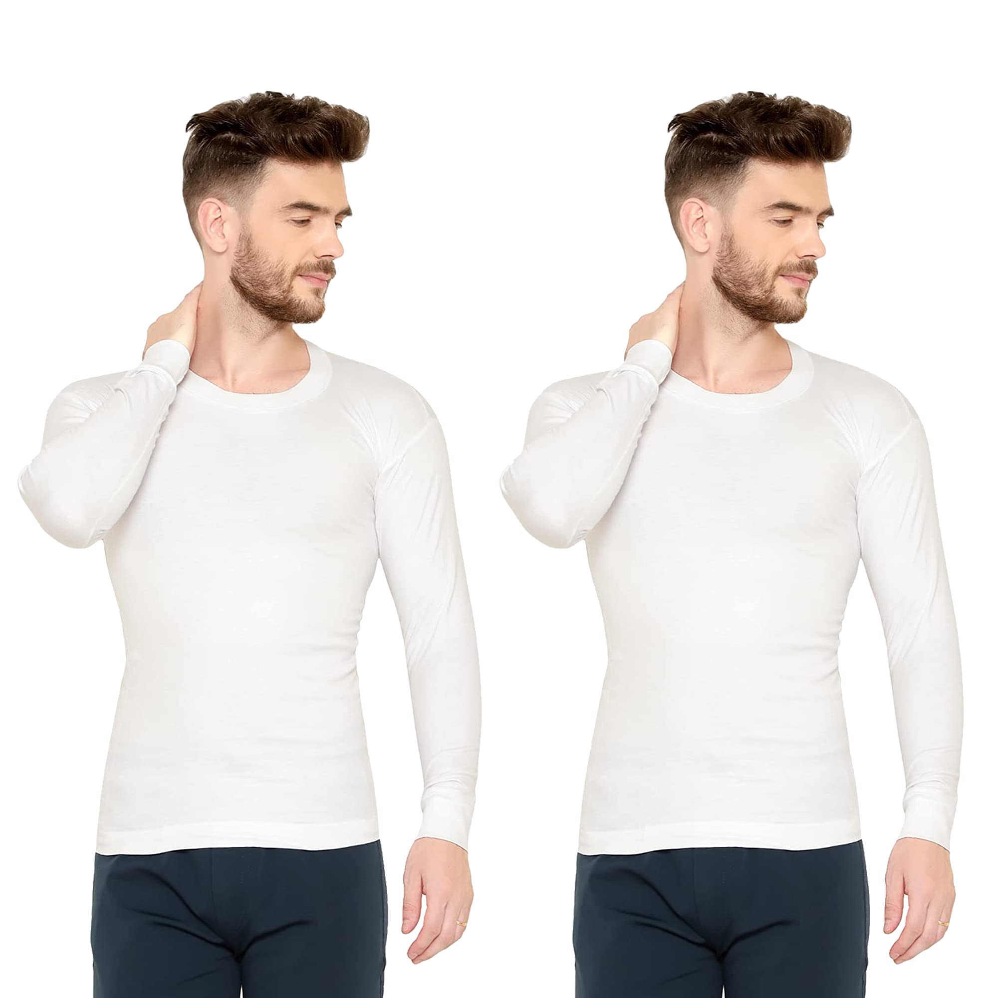 Men's Cotton Interlock Full Sleeves Round Neck Solid Casual Warm Thermal Vest/Baniyan (White)